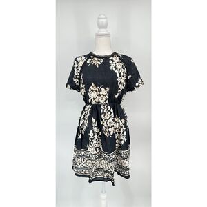 DX Collection Mini Dress Black Floral Cotton Open Back Sundress Sz M